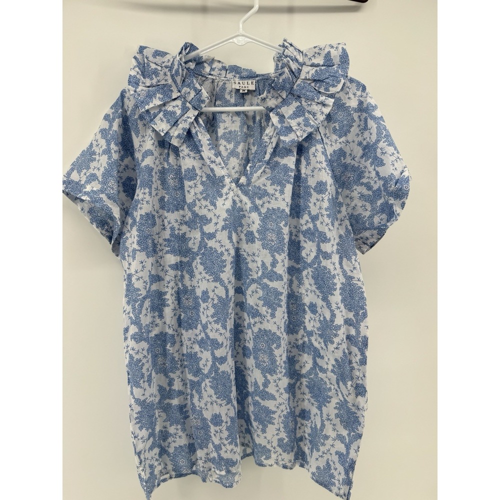 Saule Parc Floral Ruffle Tunic Blouse Medium V Neck Romantic Feminine Resortwear